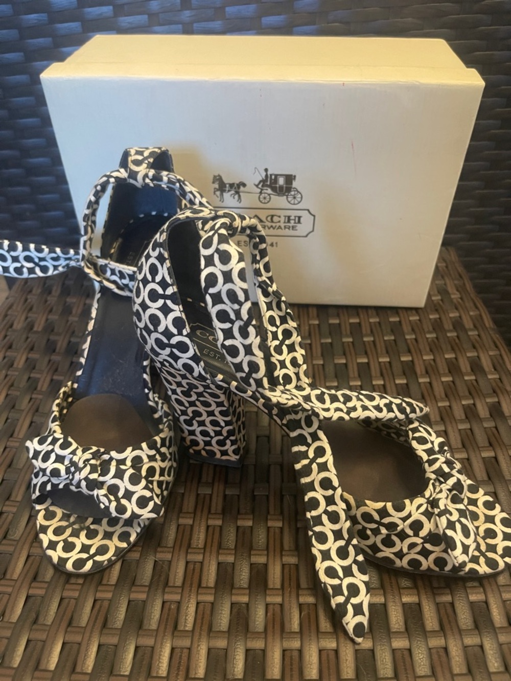 Coach Black & White Signature Print Block Heel Sandals